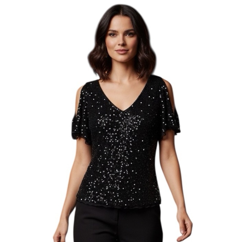 ADRIANNA PAPELL BOUTIQUE 3X Black Silk Beaded Sequin Whimsigoth Top Vtg 90s